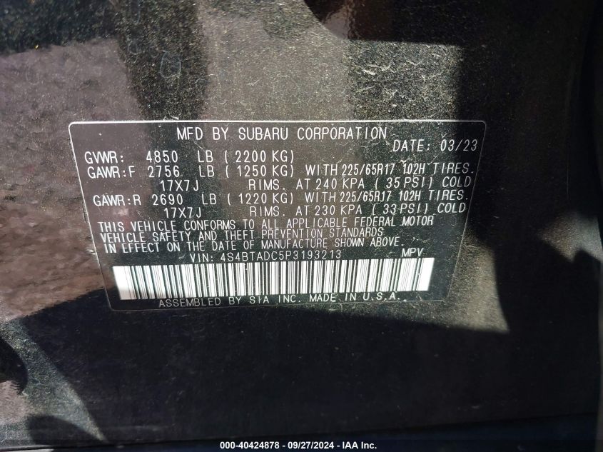 2023 Subaru Outback Premium VIN: 4S4BTADC5P3193213 Lot: 40424878