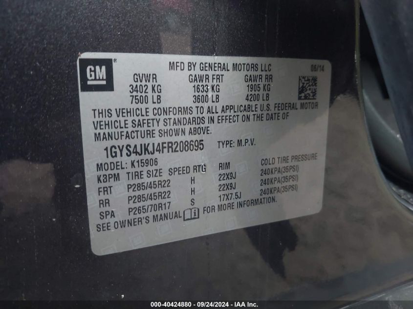 1GYS4JKJ4FR208695 2015 Cadillac Escalade Esv Premium