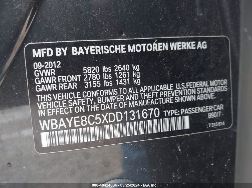 2013 BMW 750Li VIN: WBAYE8C5XDD131670 Lot: 40424884