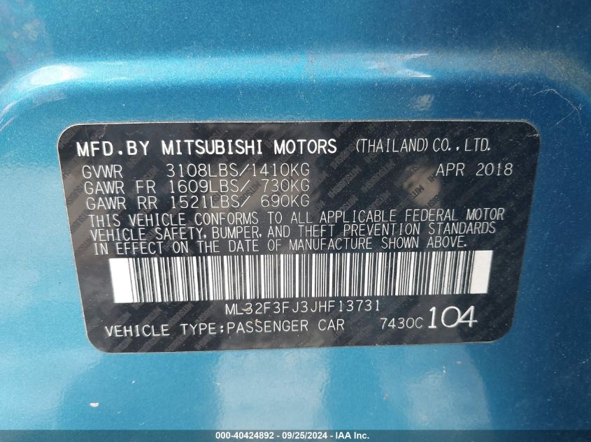 ML32F3FJ3JHF13731 2018 Mitsubishi Mirage G4 Es