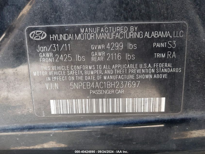 5NPEB4AC1BH237697 2011 Hyundai Sonata Gls