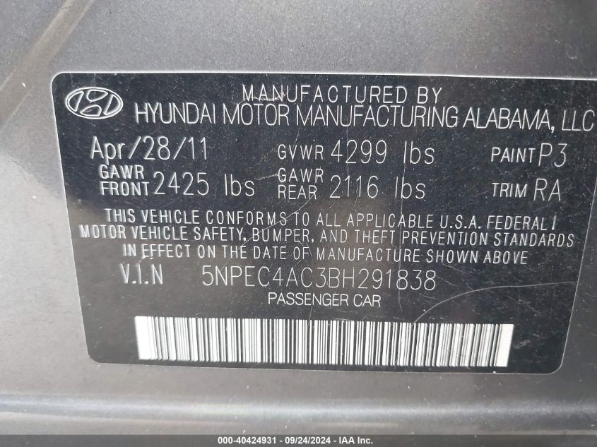 5NPEC4AC3BH291838 2011 Hyundai Sonata Limited