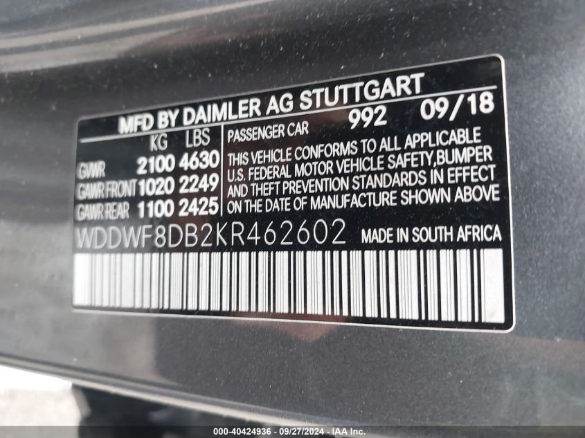 VIN WDDWF8DB2KR462602 2019 MERCEDES-BENZ C 300