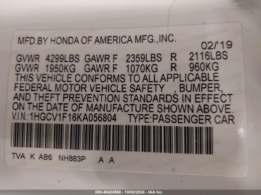 1HGCV1F16KA056804 2019 Honda Accord Lx