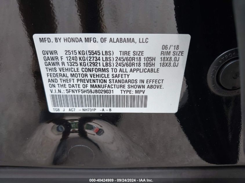 5FNYF5H59JB029031 2018 Honda Pilot Ex-L