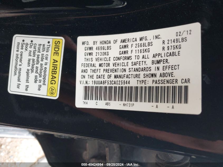 19UUA8F53CA025944 2012 Acura Tl 3.5