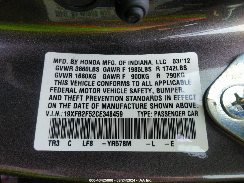 19XFB2F52CE348459 2012 Honda Civic Lx