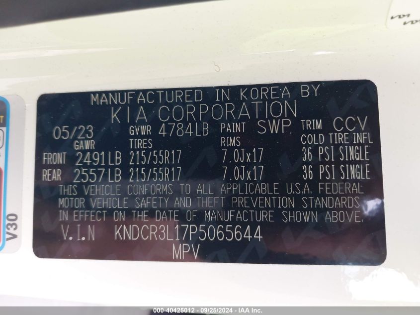 2023 Kia Niro Ev Wind VIN: KNDCR3L17P5065644 Lot: 40425012