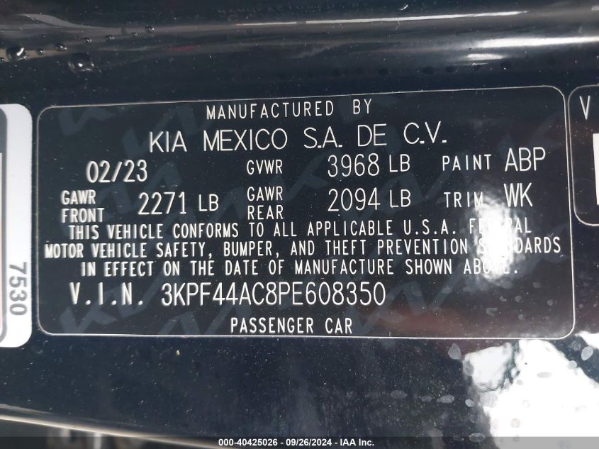 2023 Kia Forte Gt VIN: 3KPF44AC8PE608350 Lot: 40425026