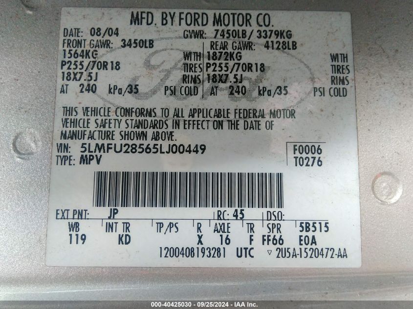 5LMFU28565LJ00449 2005 Lincoln Navigator