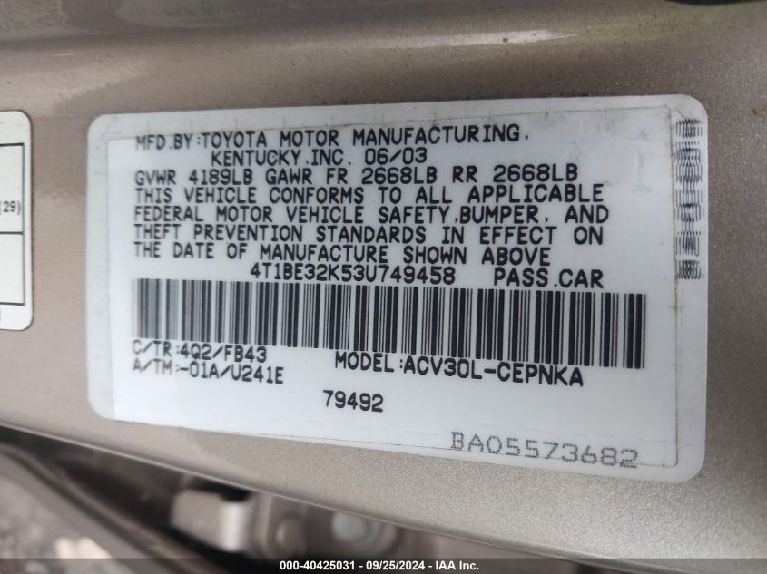 4T1BE32K53U749458 2003 Toyota Camry Le