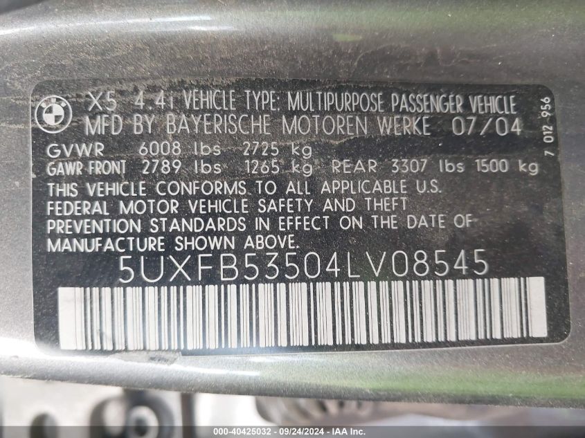 5UXFB53504LV08545 2004 BMW X5 4.4I