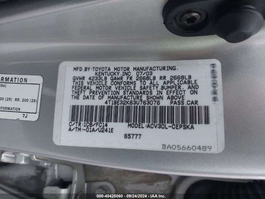 4T1BE32K63U763076 2003 Toyota Camry Le/Xle/Se