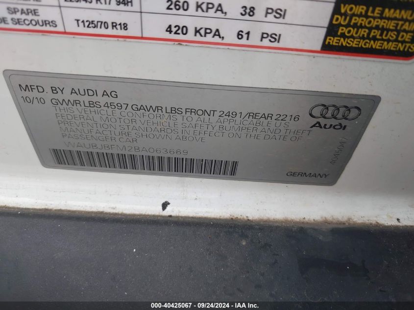 2011 Audi A3 2.0 Tdi Premium VIN: WAUBJBFM2BA063669 Lot: 40425067