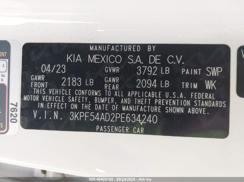 2023 Kia Forte Gt Line VIN: 3KPF54AD2PE634240 Lot: 40425105