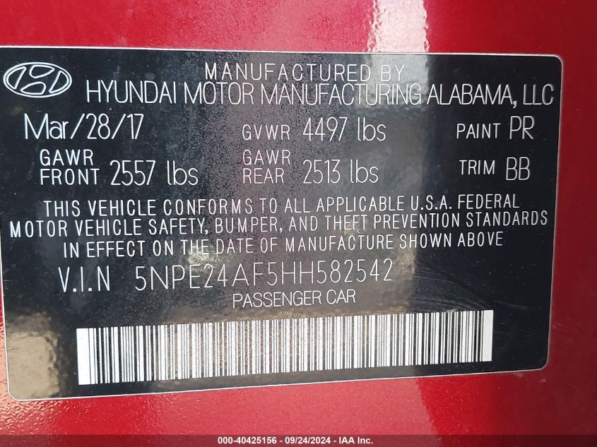 5NPE24AF5HH582542 2017 Hyundai Sonata Se