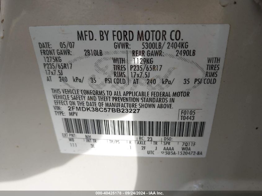 2007 Ford Edge Sel VIN: 2FMDK38C57BB23227 Lot: 40425178