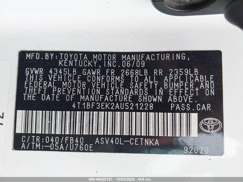 4T1BF3EK2AU521228 2010 Toyota Camry Base (Retail Orders Only) (A5)