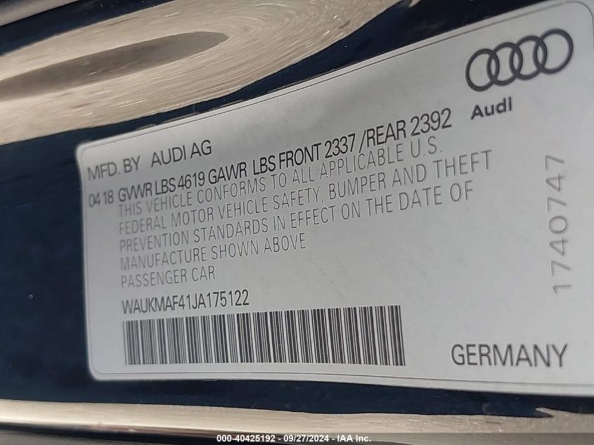 2018 Audi A4 2.0T Tech Ultra Premium/2.0T Ultra Premium VIN: WAUKMAF41JA175122 Lot: 40425192