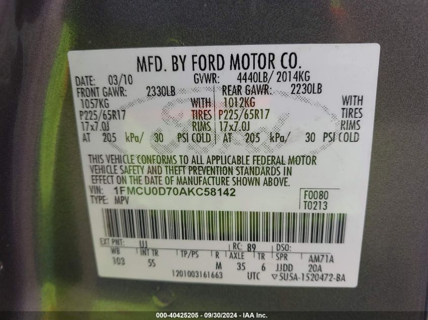 1FMCU0D70AKC58142 2010 Ford Escape Xlt