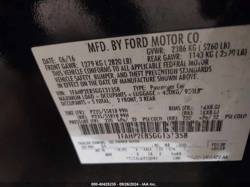 1FAHP2E85GG131358 2016 Ford Taurus Sel