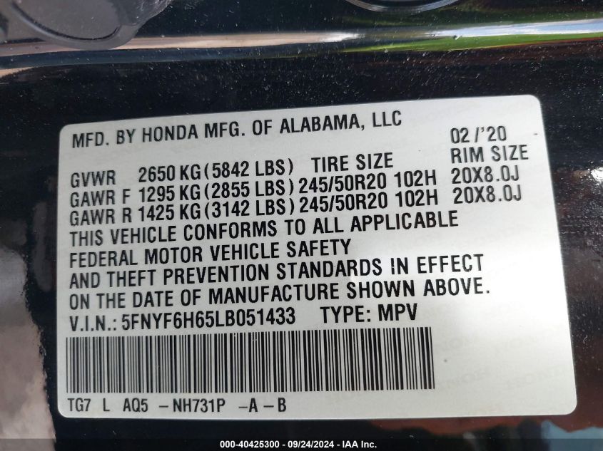 2020 Honda Pilot Awd Touring 7 Passenger VIN: 5FNYF6H65LB051433 Lot: 40425300