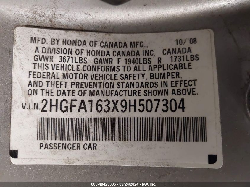 2HGFA163X9H507304 2009 Honda Civic Vp