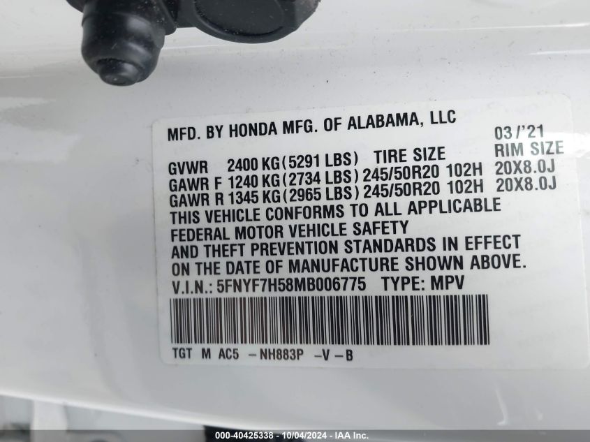 2021 Honda Passport 2Wd Ex-L VIN: 5FNYF7H58MB006775 Lot: 40425338