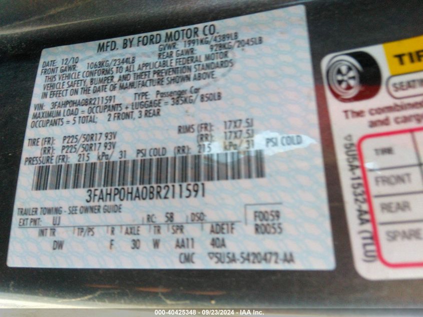 2011 Ford Fusion Se VIN: 3FAHP0HA0BR211591 Lot: 40425348