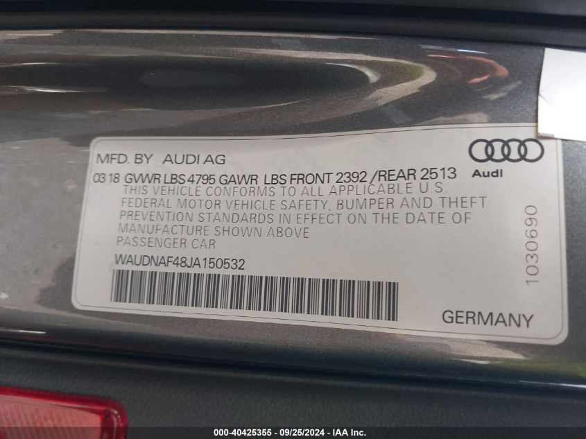 2018 Audi A4 2.0T Premium/2.0T Tech Premium VIN: WAUDNAF48JA150532 Lot: 40425355