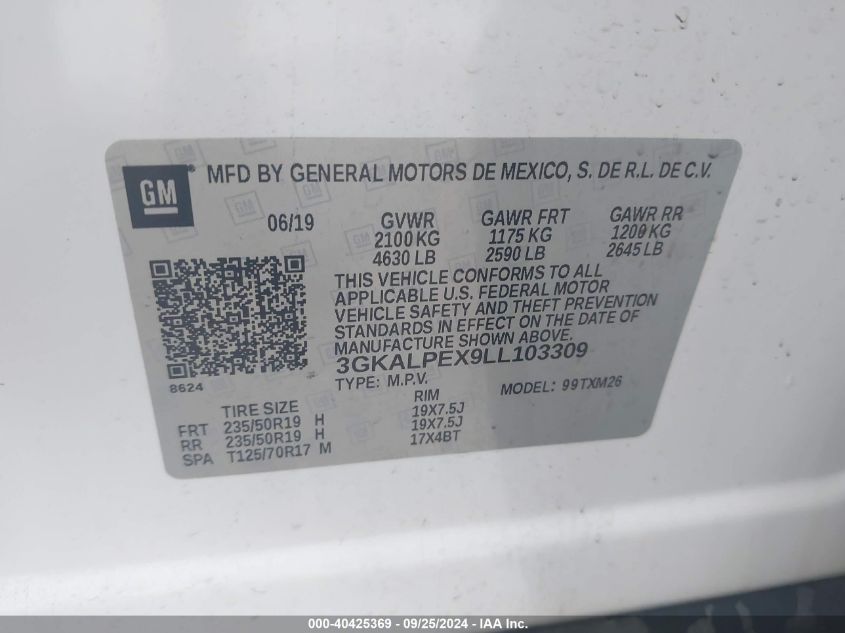 2020 GMC Terrain Fwd Slt VIN: 3GKALPEX9LL103309 Lot: 40425369