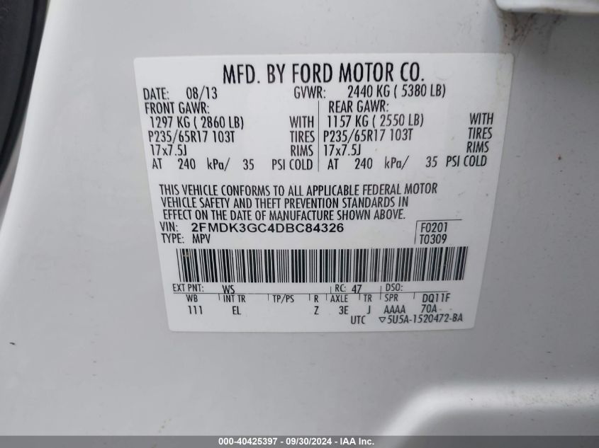 2013 Ford Edge Se VIN: 2FMDK3GC4DBC84326 Lot: 40425397