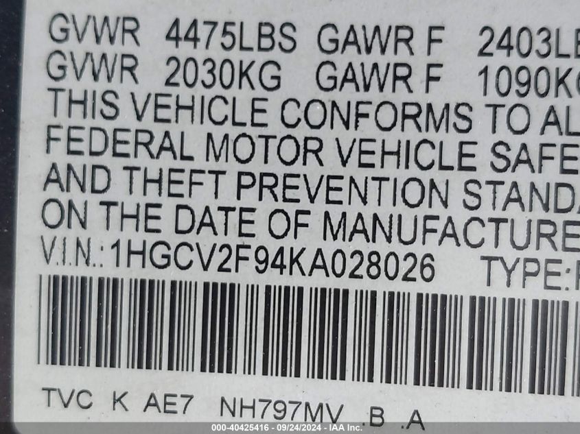 1HGCV2F94KA028026 2019 Honda Accord Touring 2.0T