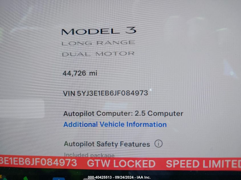 2018 Tesla Model 3 Long Range/Performance VIN: 5YJ3E1EB6JF084973 Lot: 40425513