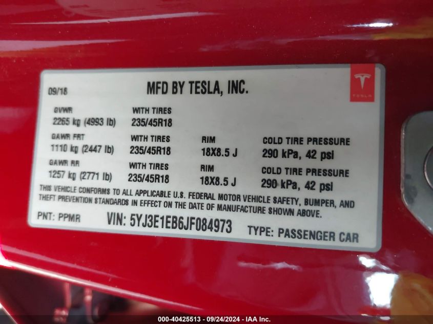 2018 TESLA MODEL 3 LONG RANGE/PERFORMANCE - 5YJ3E1EB6JF084973