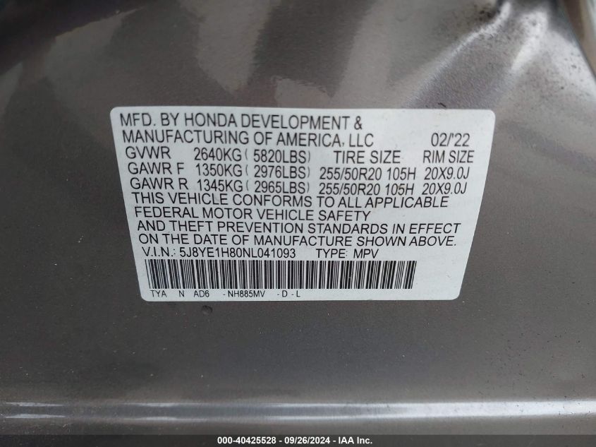 5J8YE1H80NL041093 2022 Acura Mdx Advance