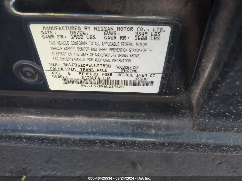 3N1CB51D46L637820 2006 Nissan Sentra 1.8S