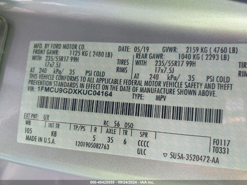 1FMCU9GDXKUC04164 2019 Ford Escape Se