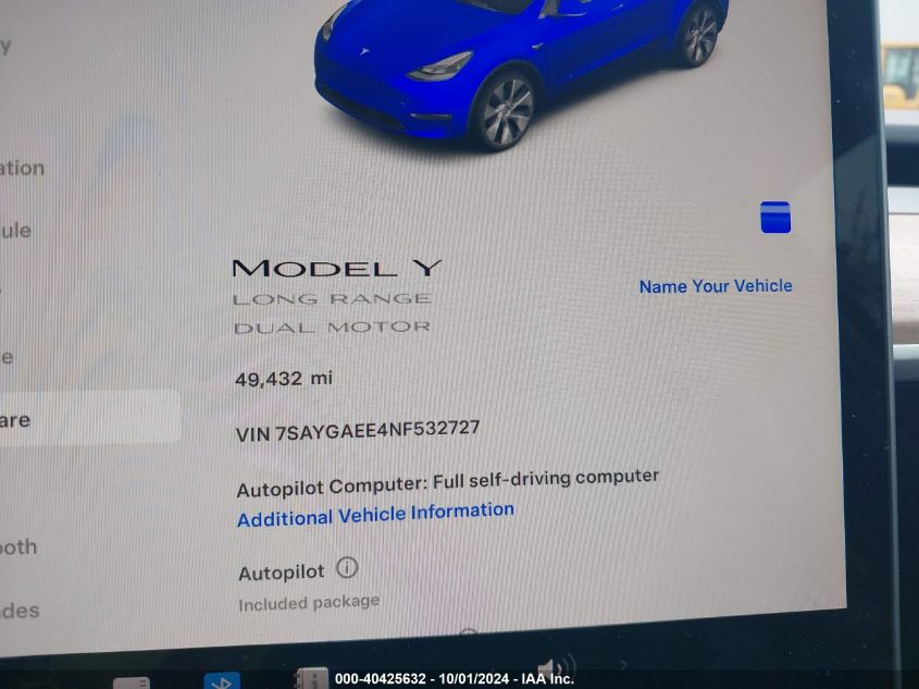 2022 Tesla Model Y Long Range Dual Motor All-Wheel Drive VIN: 7SAYGAEE4NF532727 Lot: 40425632