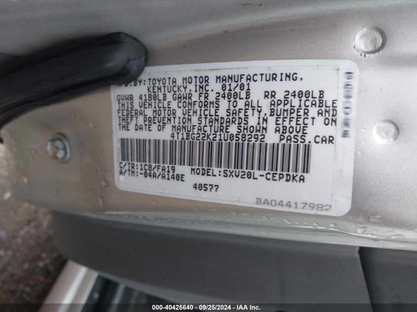 4T1BG22K21U058292 2001 Toyota Camry Ce