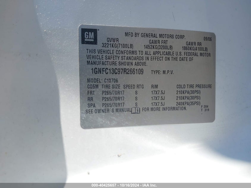 2007 Chevrolet Tahoe Ls VIN: 1GNFC13C97R266109 Lot: 40425657