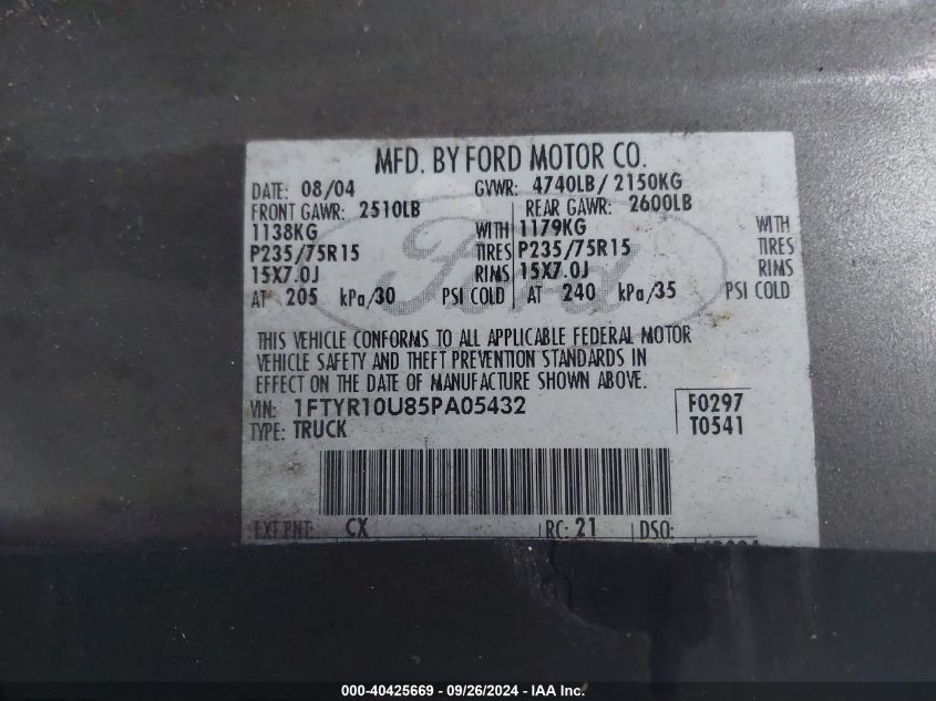 1FTYR10U85PA05432 2005 Ford Ranger Edge/Stx/Xl/Xls/Xlt