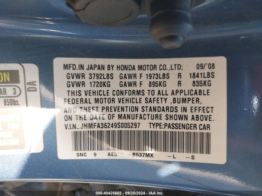 JHMFA36249S005297 2009 Honda Civic Hybrid