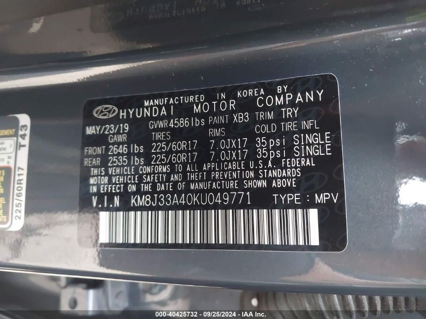 KM8J33A40KU049771 2019 Hyundai Tucson Value