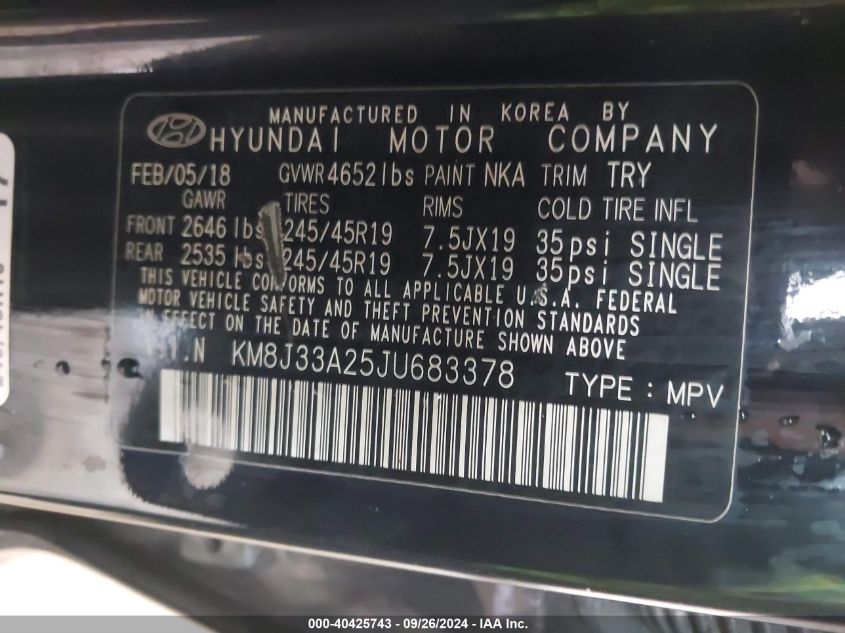 KM8J33A25JU683378 2018 Hyundai Tucson Limited/Sport And Eco/Se