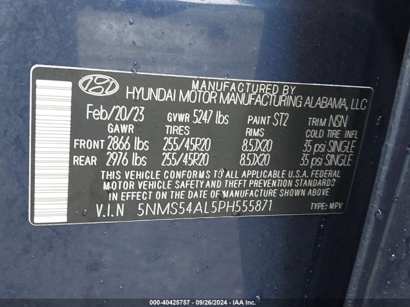 2023 Hyundai Santa Fe Calligraphy VIN: 5NMS54AL5PH555871 Lot: 40425757