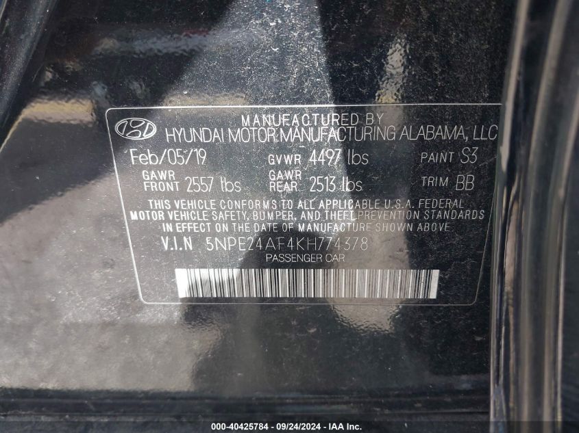 5NPE24AF4KH774378 2019 Hyundai Sonata Se