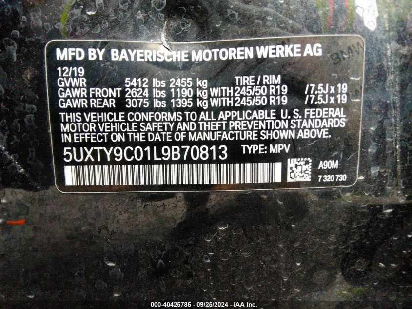 2020 BMW X3 M40I VIN: 5UXTY9C01L9B70813 Lot: 40425785