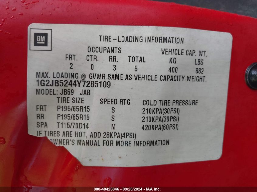 2000 Pontiac Sunfire Se VIN: 1G2JB5244Y7285109 Lot: 40425846