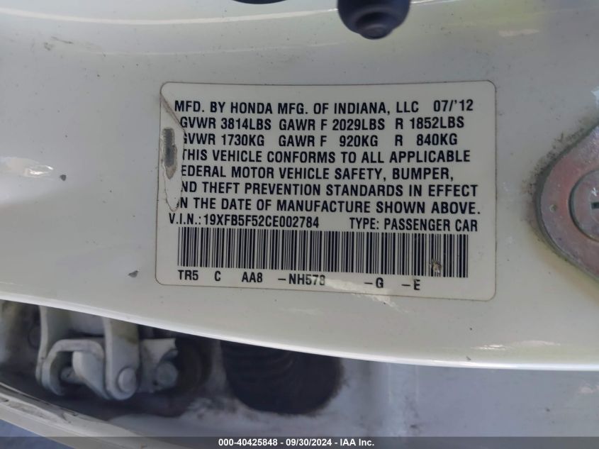 19XFB5F52CE002784 2012 Honda Civic Natural Gas